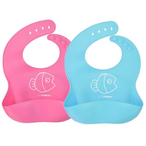 Waterproof Baby Bib with Food Catcher, LUSCREAL Organic Baby Bibs Silicone Bib Large Feeding Bibs with Adjustable Snap and Portable Roll Up, BPA Free for Baby Boys, Baby Girls and Toddlers - 2 Pack of Pink/Blue